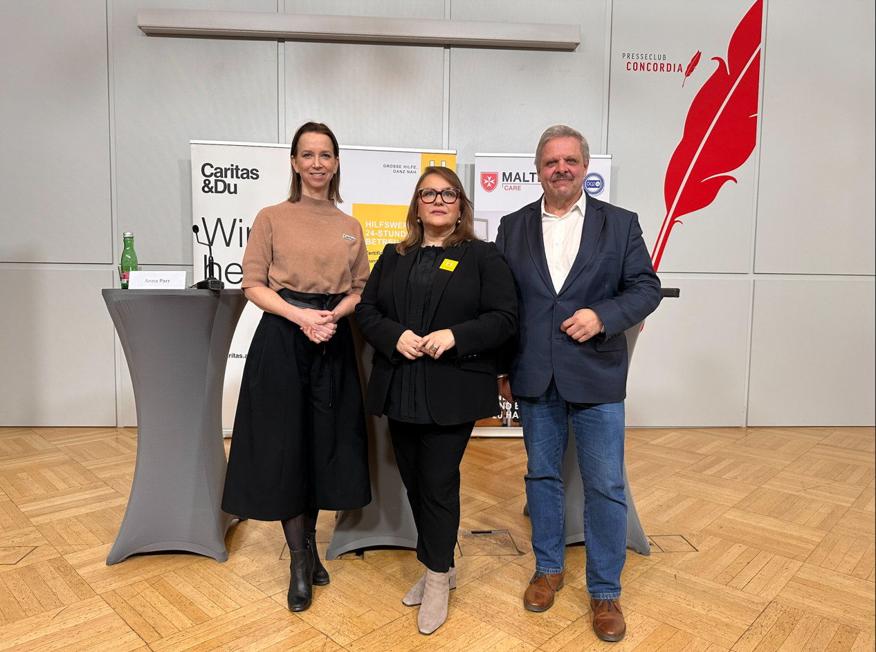 PK 24h-Betreuung (v.l.n.r.): Anna Parr (Caritas), Elisabeth Anselm (Hilfswerk), Helmut Lutz (Malteser Care) © HIlfswerk Österreich
